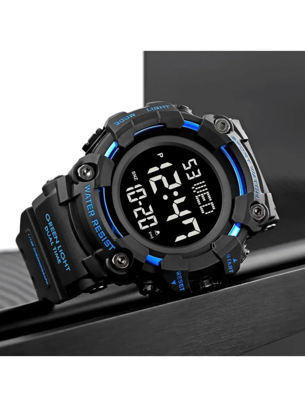 Men's Black Blue Analog Quartz Rubber Band Waterproof Electronic Digital Watch